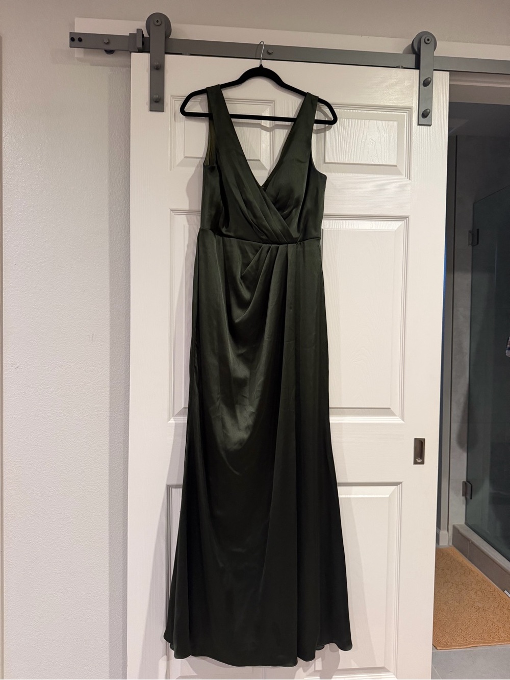 Revelry Blair Satin Deep Olive Green V-Neck Maxi Dress
